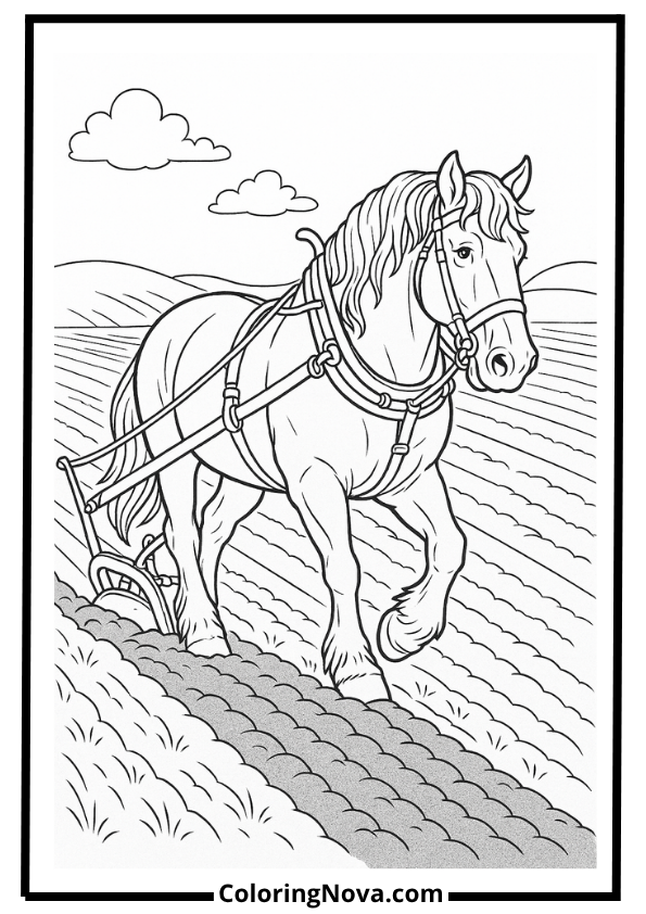 Farm Horse Plowing Coloring Page