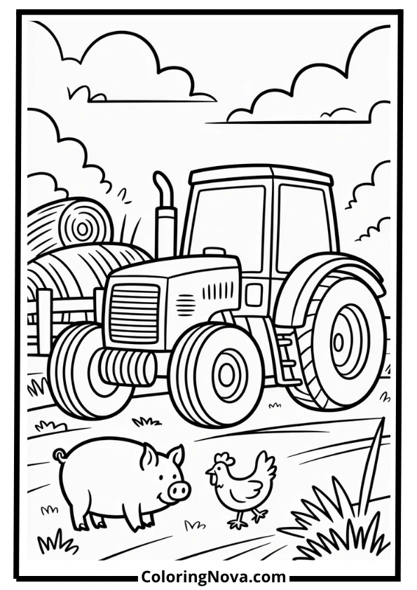 Farm Tractor with Animals Coloring Page