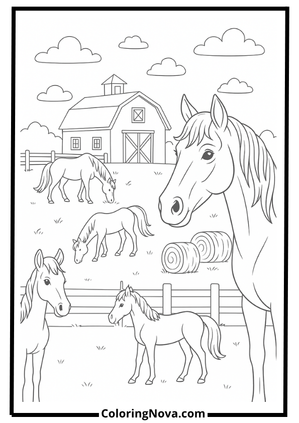 Farm with Horses Coloring Page
