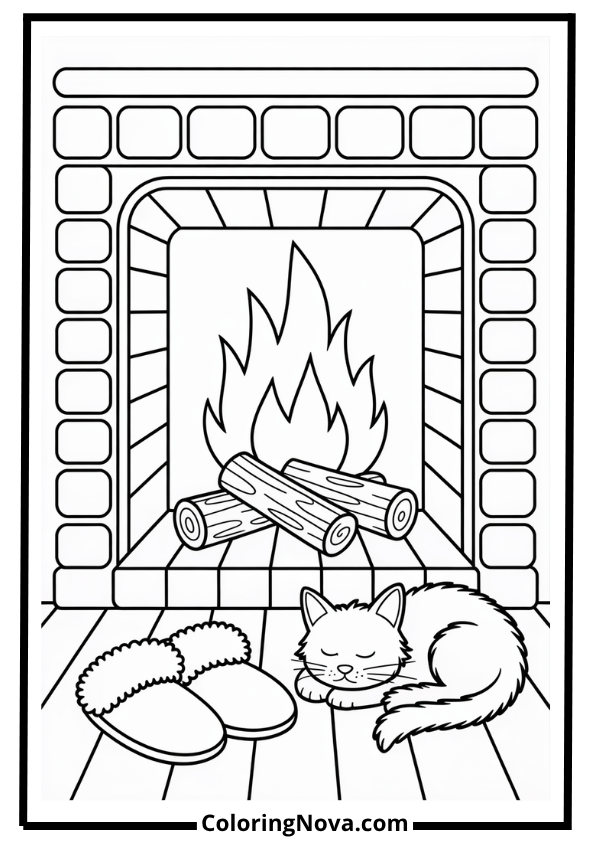 Fireplace with Cat and Slippers Corner Coloring Page