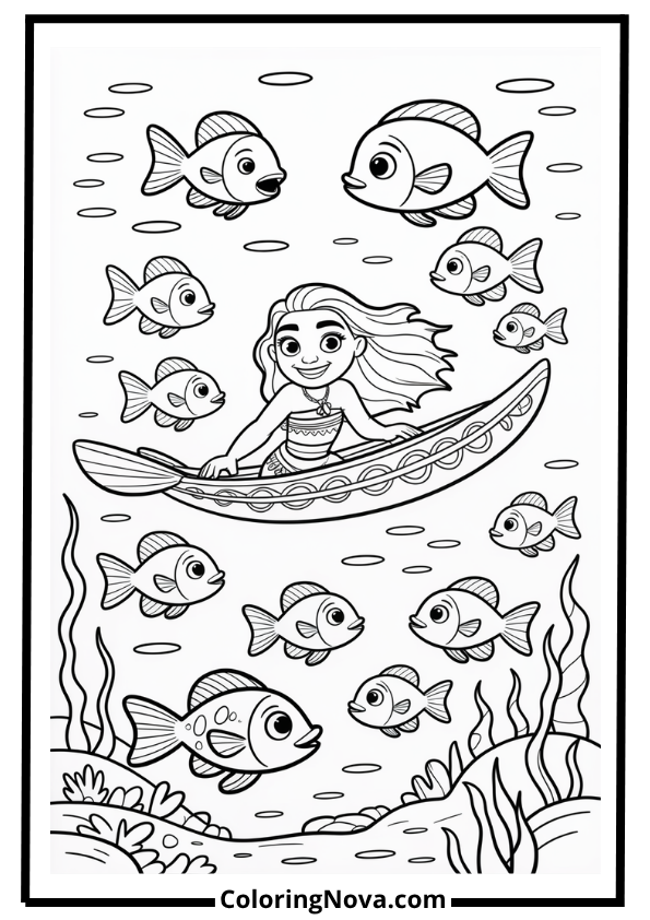 Fish Swimming Around Canoe Coloring Page