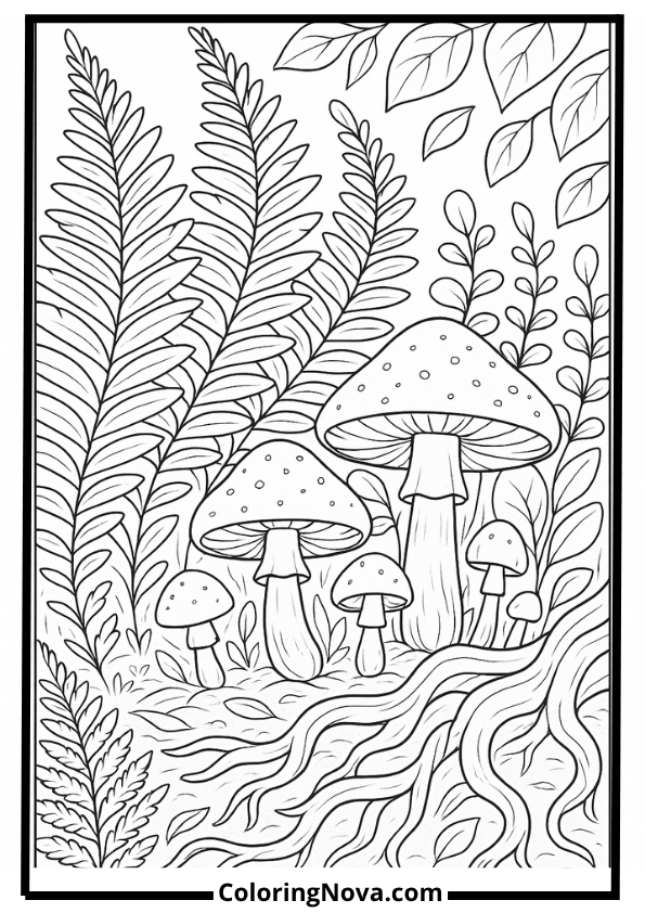 Forest Floor with Ferns and Mushrooms Corner Coloring Page