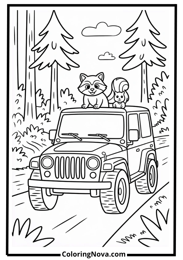 Forest Jeep Adventure Coloring Page