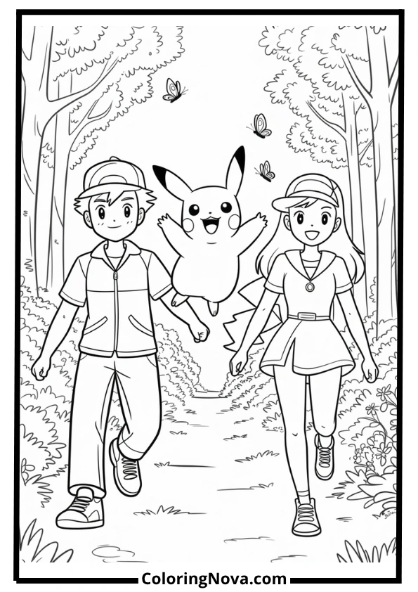 Forest Walk with Pikachu, Ash and Serena Coloring Page