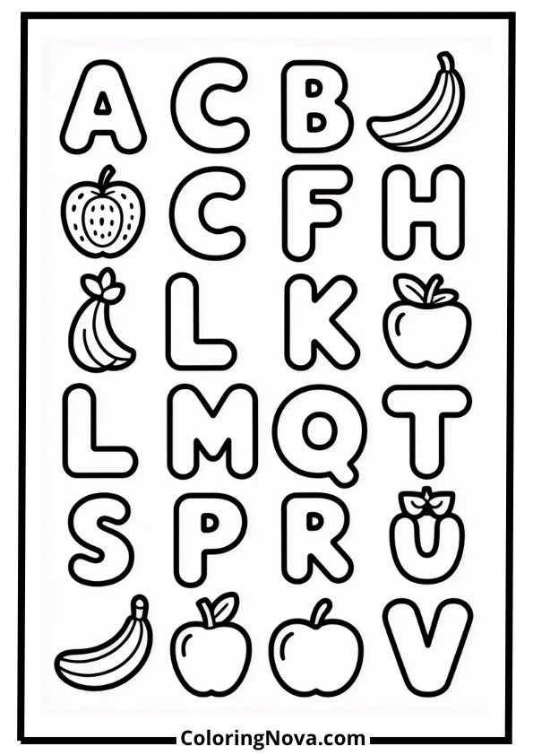 Fruit Alphabet (A–Z) Coloring Page