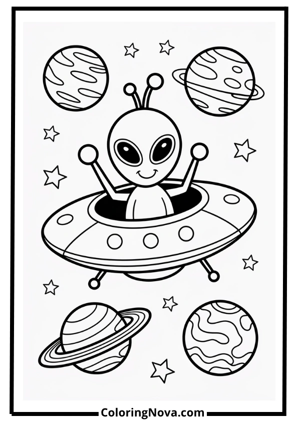 Fun Alien Visiting the Solar System Coloring Page