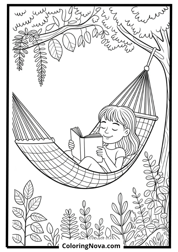 Girl Reading in Hammock with Plants Coloring Page