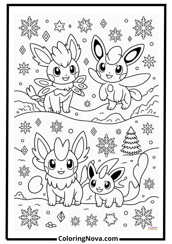 Glaceon and Alolan Vulpix Winter Scene Coloring Page