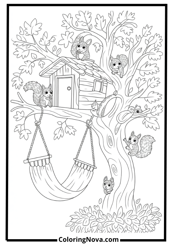 Hammock treehouse with squirrels coloring page