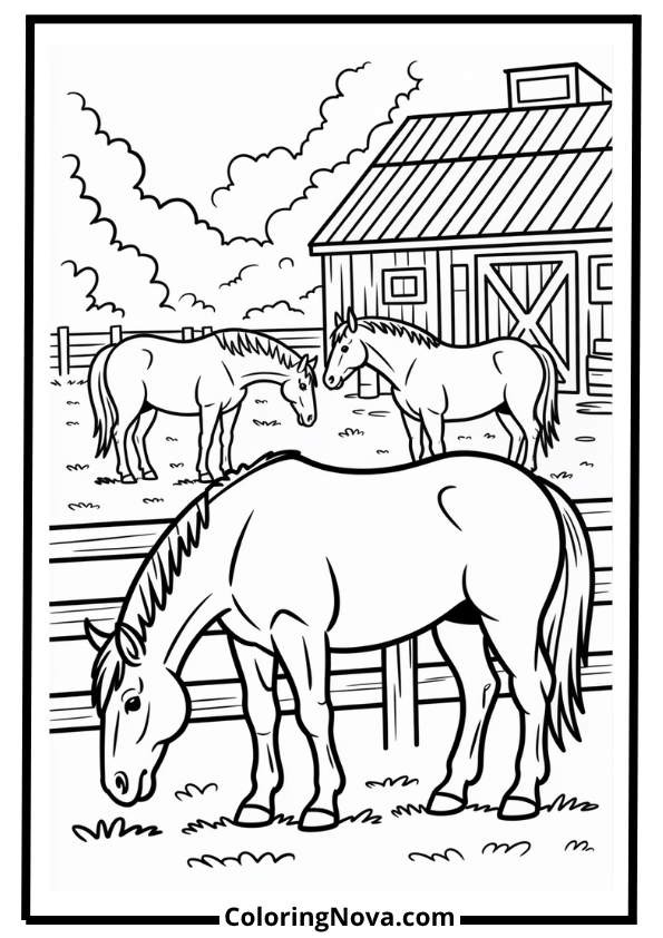 Horses on a Farm Coloring Page