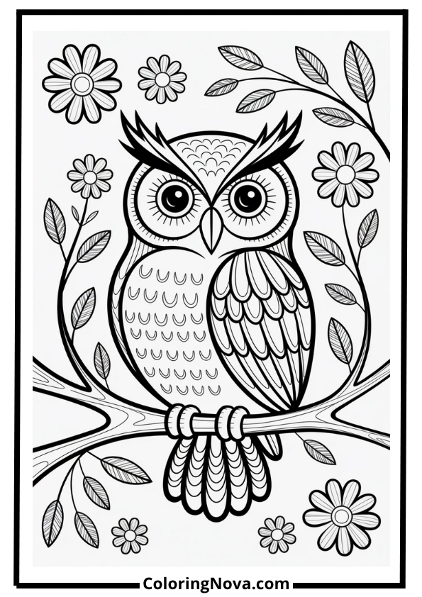 Intricate Owl on Tree Branch Coloring Page
