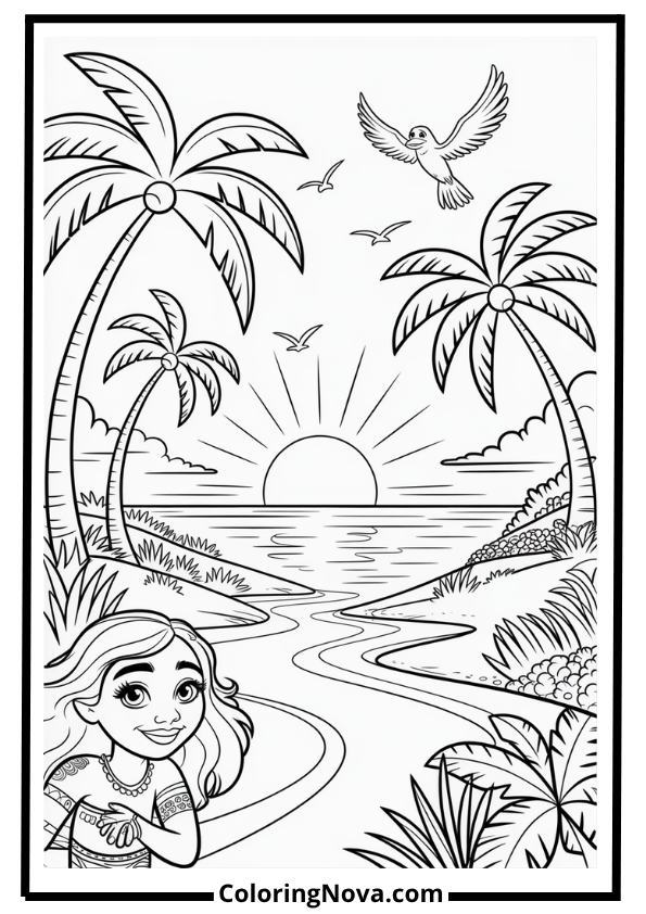 Island Sunset with Palm Trees Coloring Page