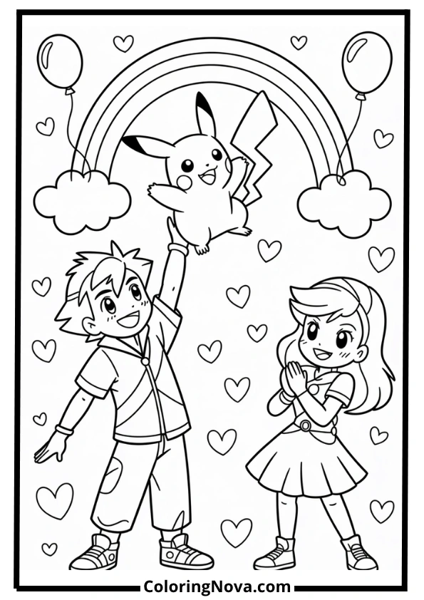 Joyful Celebration – Ash Lifts Pikachu Coloring Page