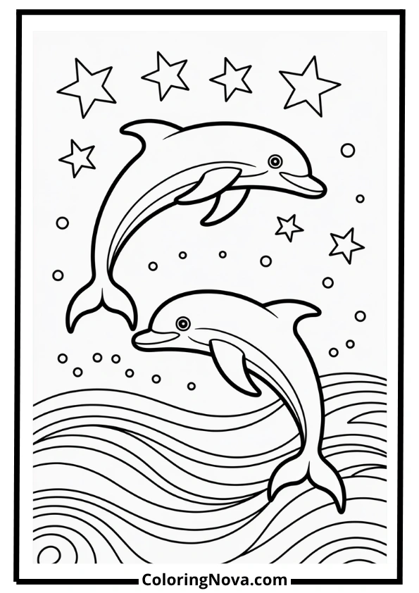 Jumping Dolphins Under Stars Coloring Page