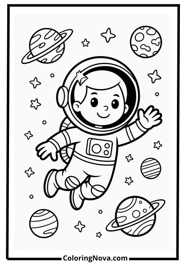 Kid Astronaut in the Solar System Coloring Page