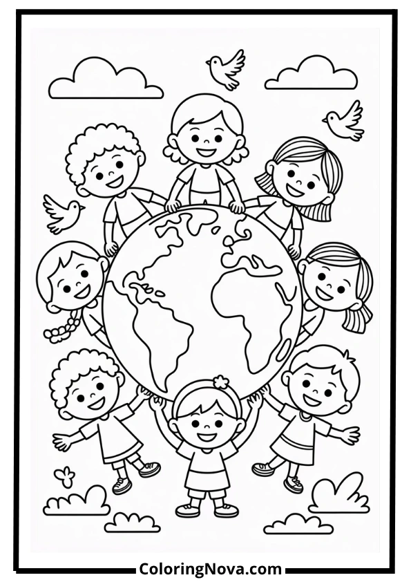 Kids Holding Hands Around Earth Coloring Page