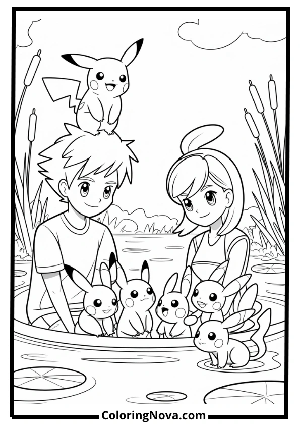 Lakeside Pokémon Moment with Pikachu Coloring Page