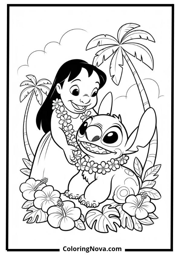 Lilo Giving Stitch a Flower Lei Coloring Page