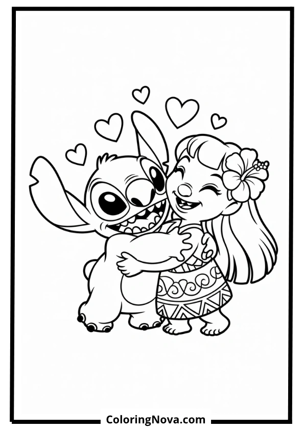 Lilo Hugging Stitch with Hearts Coloring Page