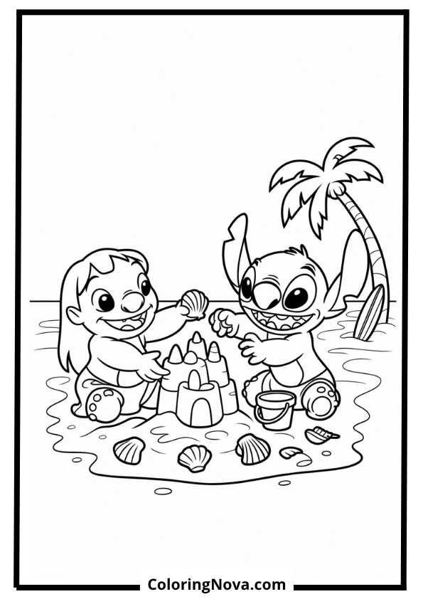 Lilo and Stitch Building a Sandcastle Coloring Page