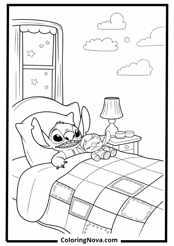 Lilo and Stitch Sleeping with Scrump Coloring Page