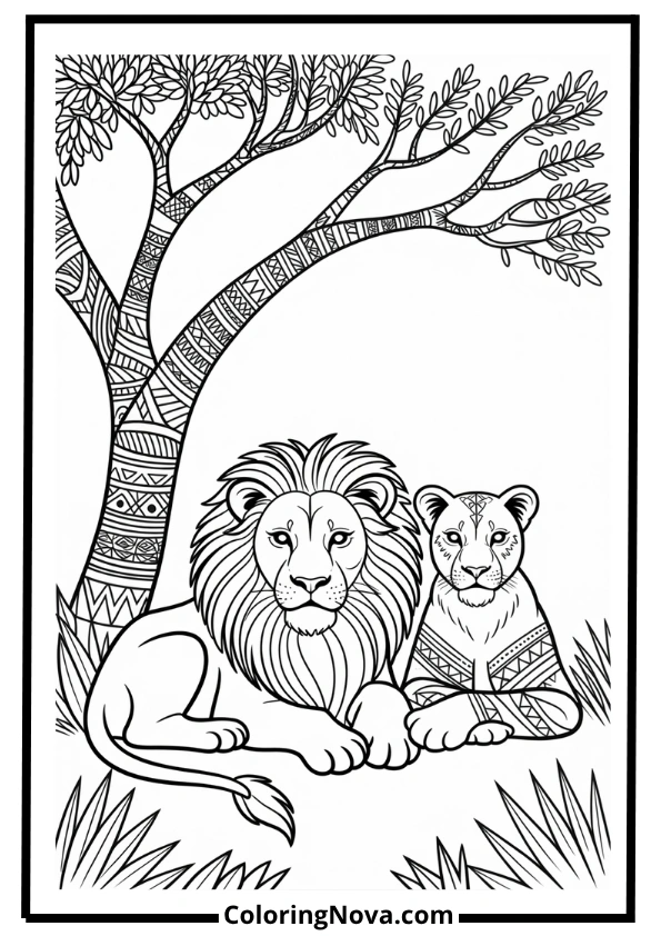 Lion and Lioness Under Tree Coloring Page