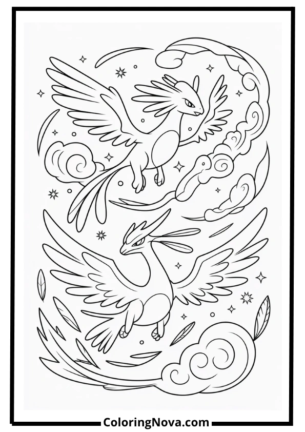 Lugia and Ho-Oh Celestial Scene Coloring Page