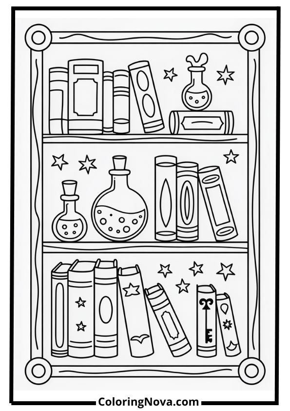 Magical Bookshelf and Potions Corner Coloring Page