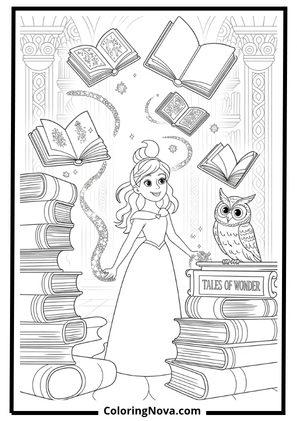 Magical Library Princess Coloring Page