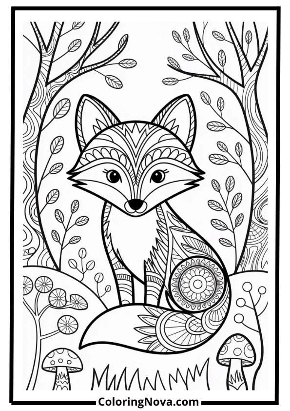 Mandala Fox in Forest Coloring Page