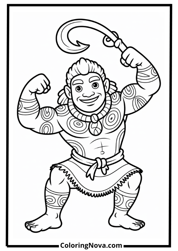 Maui Flexing with Fish Hook Coloring Page