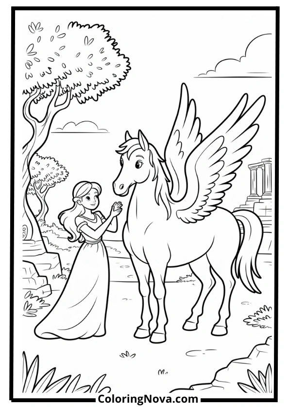 Megara Greek Heroine and Pegasus Coloring Page
