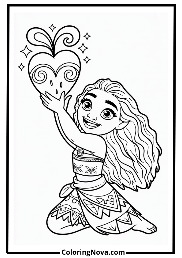 Moana Holding Heart to Sky Coloring Page