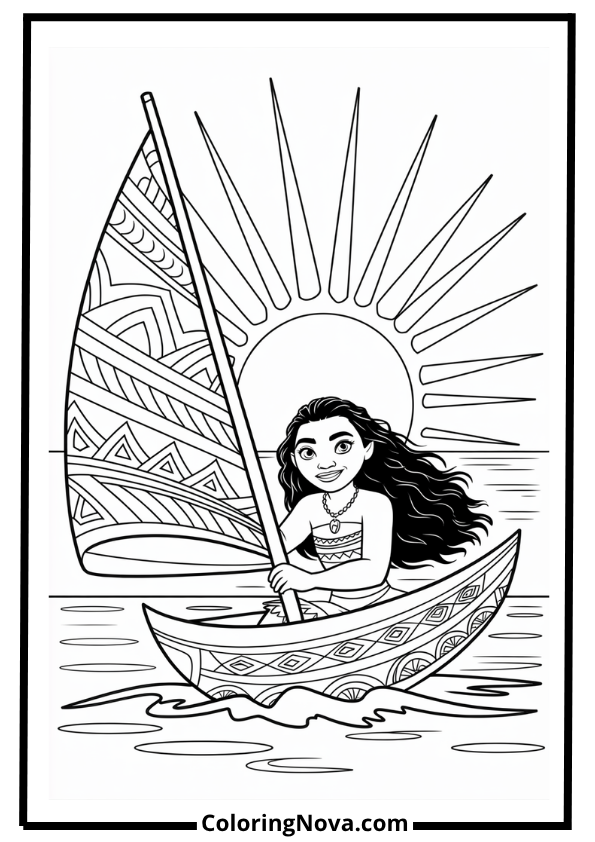 Moana Sailing Ocean Sunrise Coloring Page