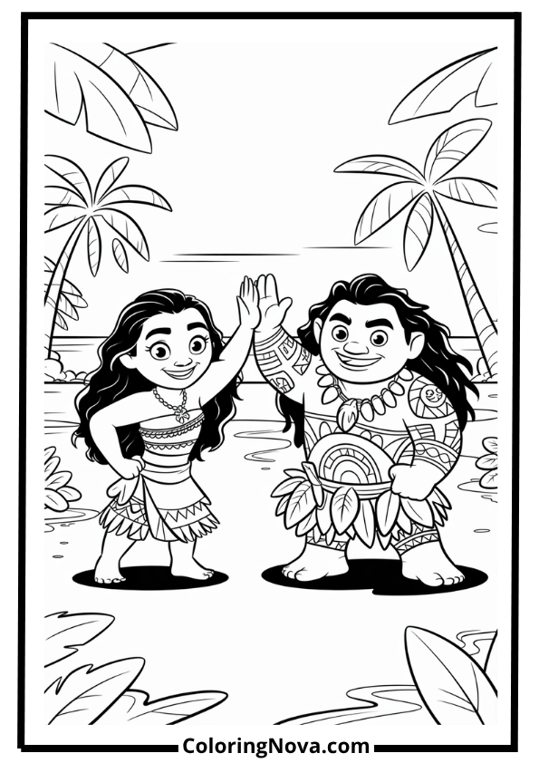 Moana and Maui High Five Coloring Page