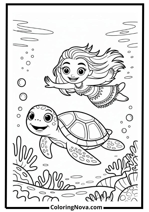 Moana with Turtle Under the Sea Coloring Page