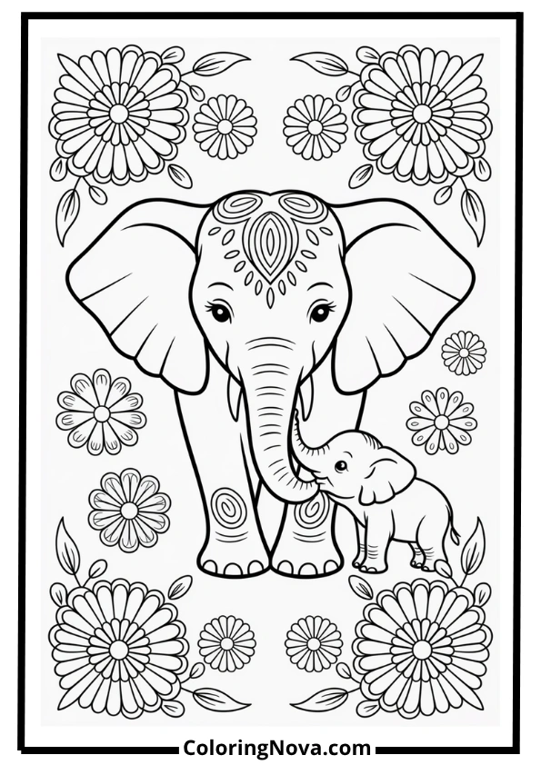 Mother and Baby Elephant Mandala Coloring Page