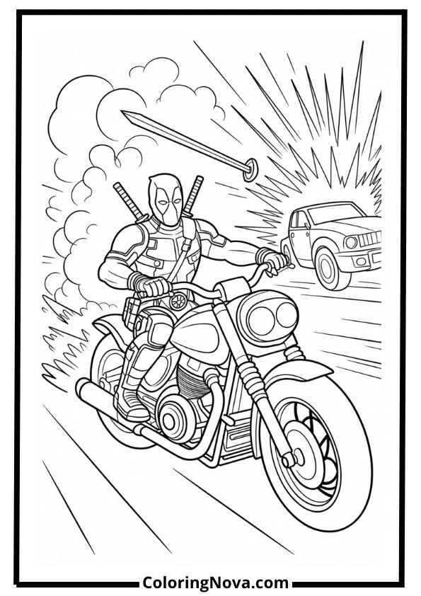 Motorcycle Chase with Deadpool Coloring Page