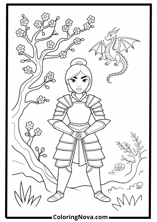 Mulan Cherry Blossom Warrior Coloring Page