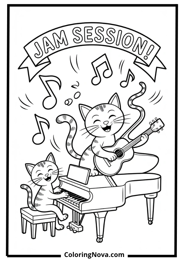 Musical Cats Playing Instruments Coloring Page