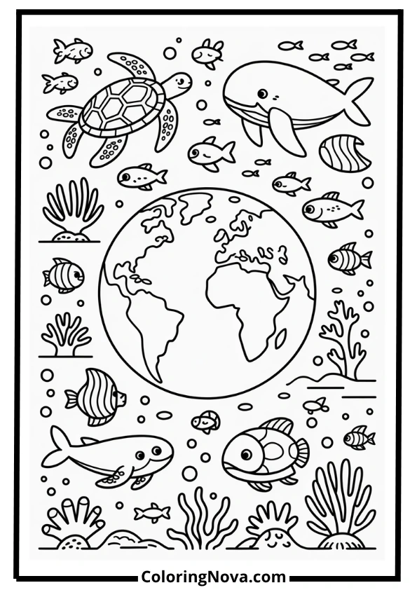 Ocean Life Around Earth Coloring Page