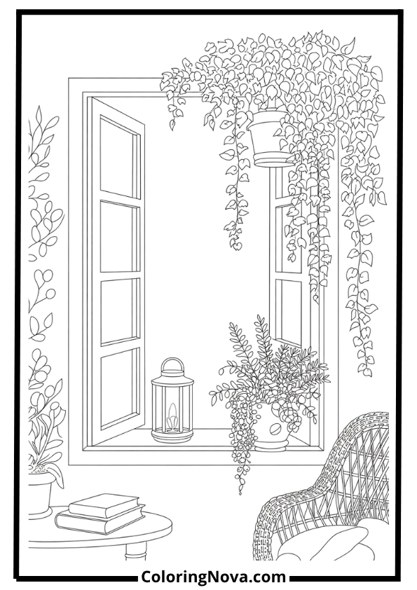 Open Window with Wicker Chair Corner Coloring Page