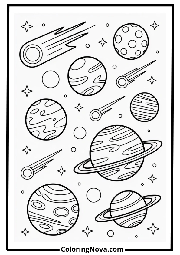 Outer Space Scene with All Planets Coloring Page