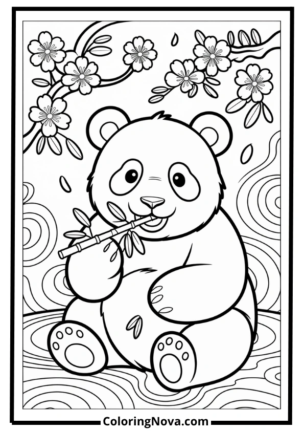 Panda Under Cherry Blossoms Coloring Page