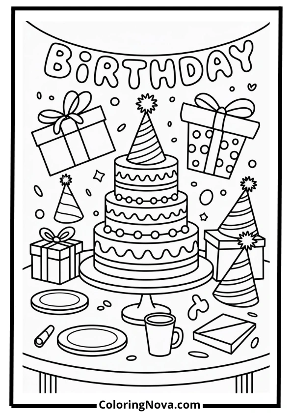 Party Table with Birthday Cake Coloring Page