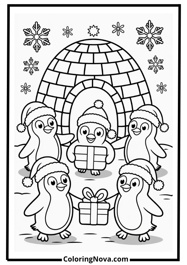 Penguin Christmas Party Coloring Page