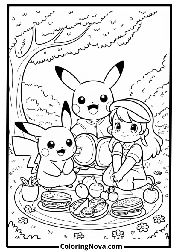 Pikachu Picnic with Ash and Serena Coloring Page