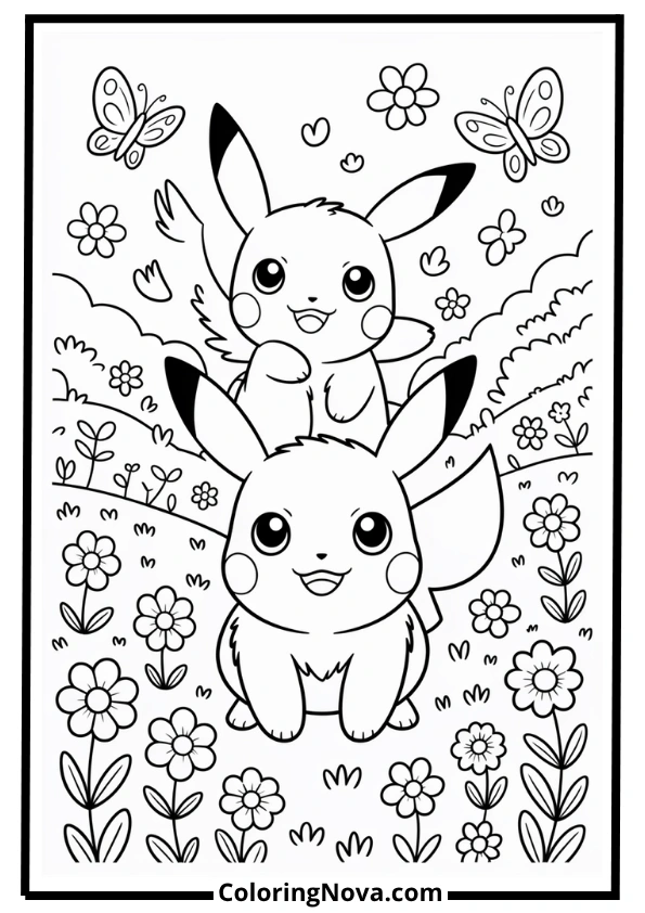 Pikachu and Eevee Spring Meadow Coloring Page