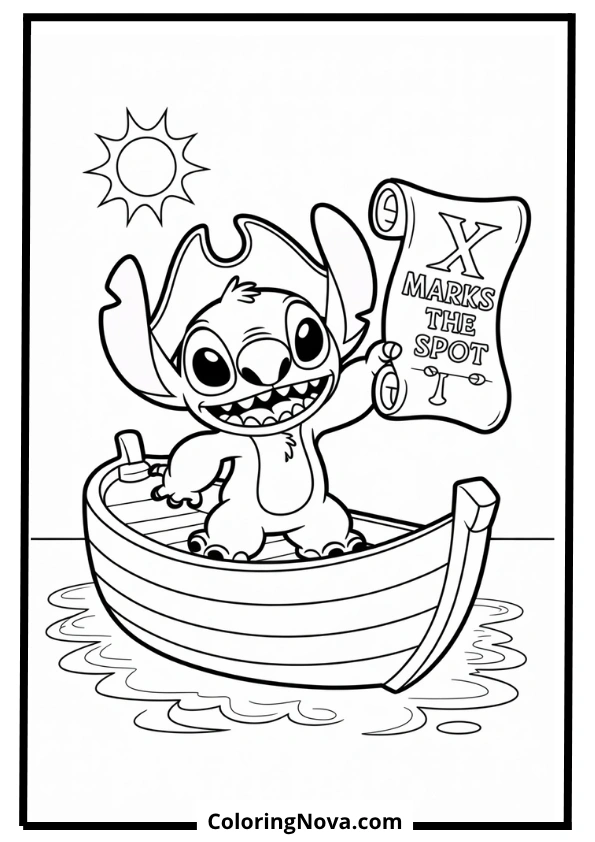 Pirate Stitch on a Tiny Boat Coloring Page