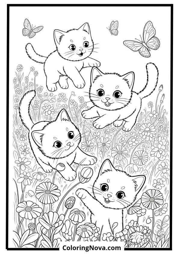 Playful Kittens in the Meadow Coloring Page